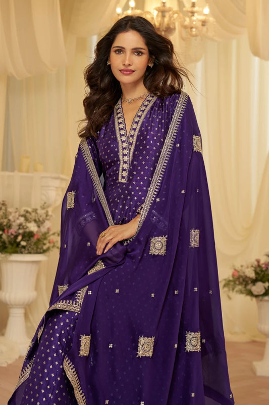 Purple Jacquard Silk Embroidered Anarkali Gown