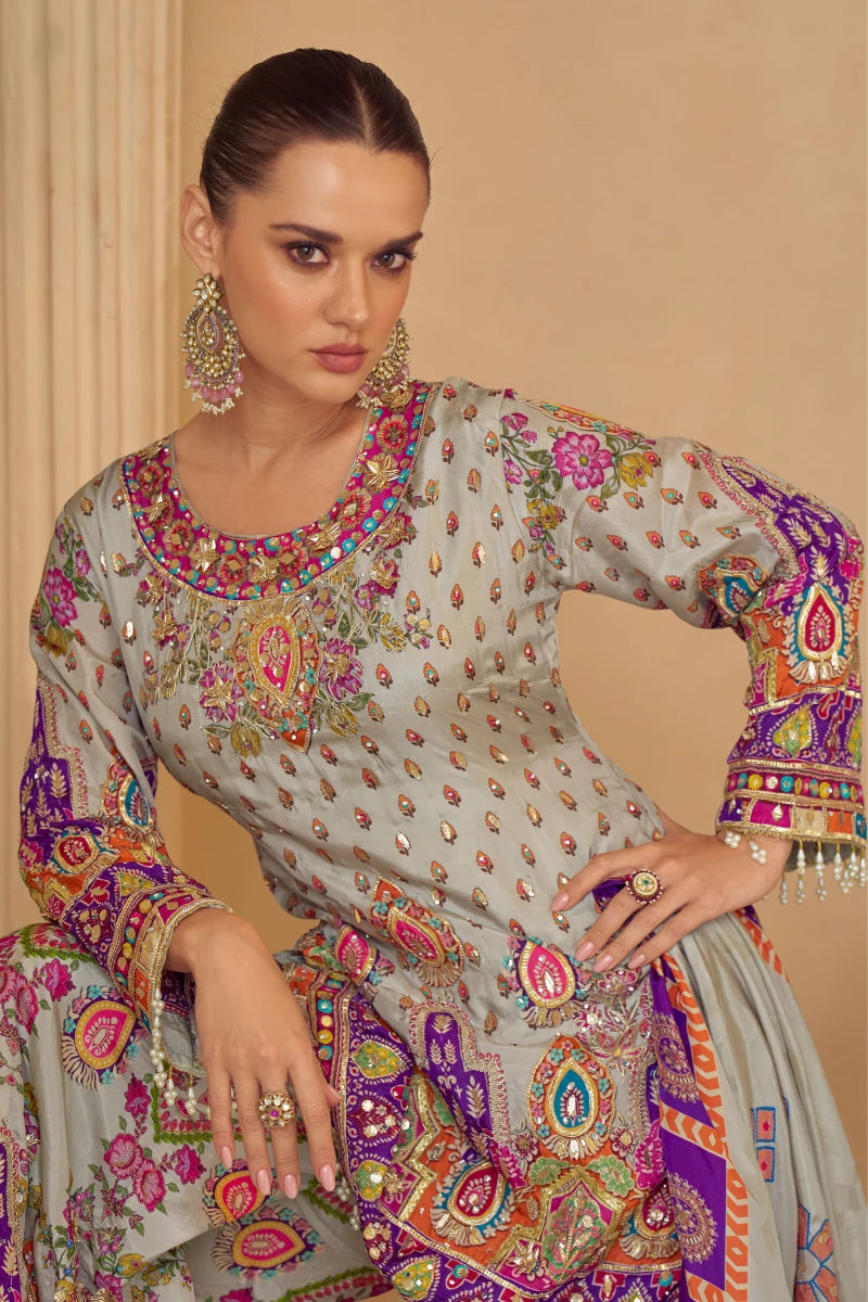 Multicolored Crepe Embroidered Palazzo Suit