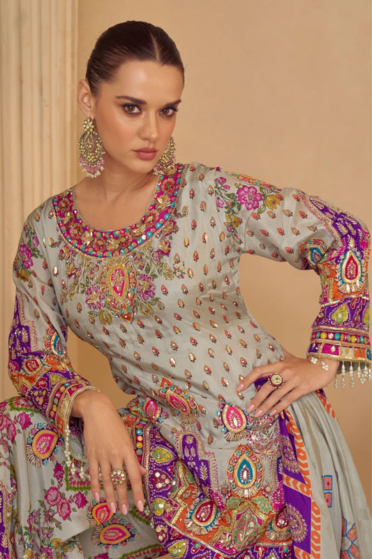 Multicolored Crepe Embroidered Palazzo Suit