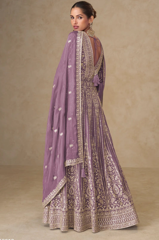 Lavendar Chinon Embroidered Slit Style Anarkali Suit