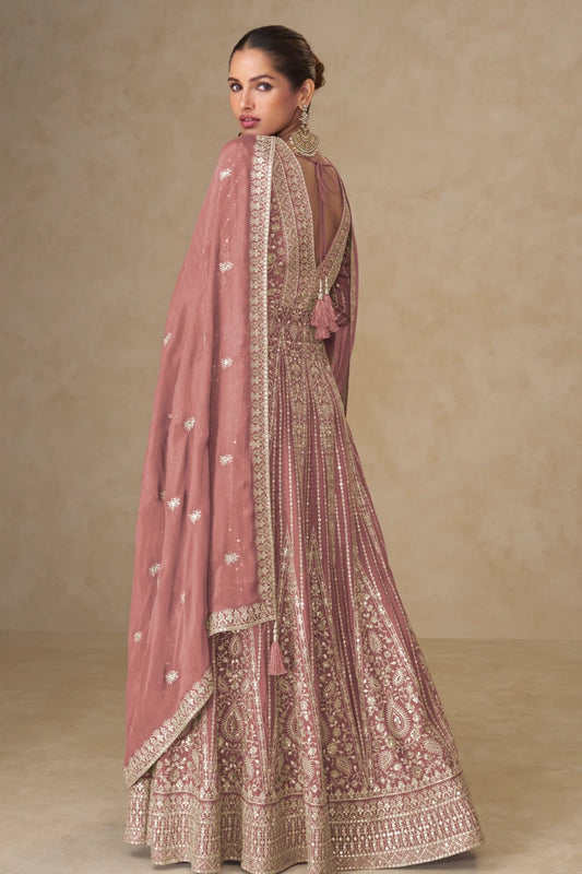Peach Chinon Embroidered Slit Style Anarkali Suit