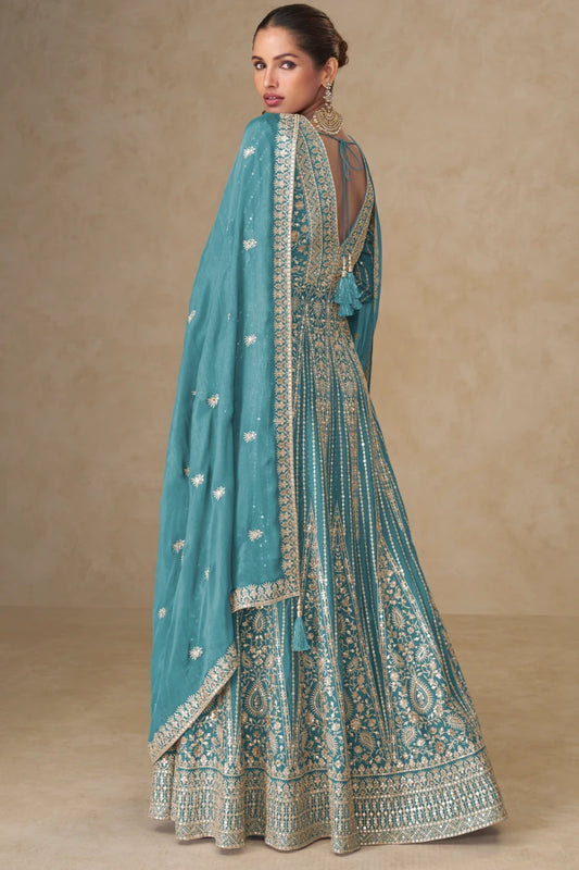 Rama Green Chinon Embroidered Slit Style Anarkali Suit