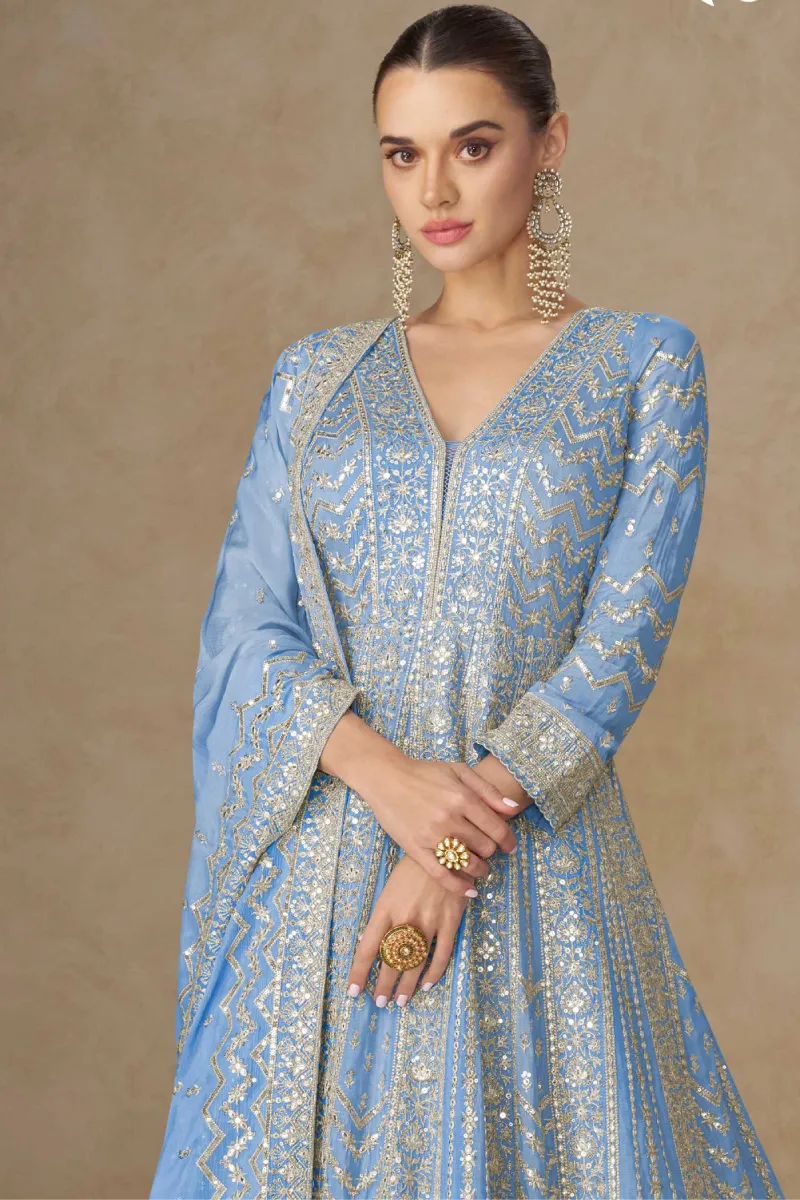 Light Blue Chinon Heavy Embroidered Anarkali Gown