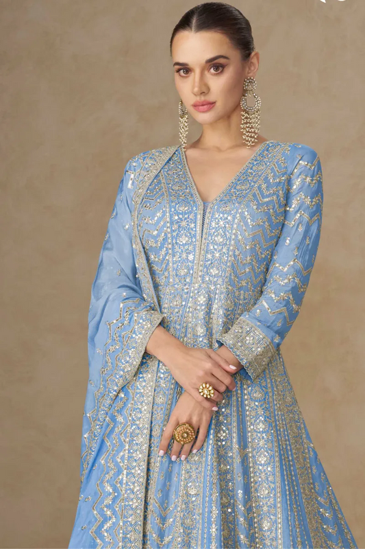 Light Blue Chinon Heavy Embroidered Anarkali Gown