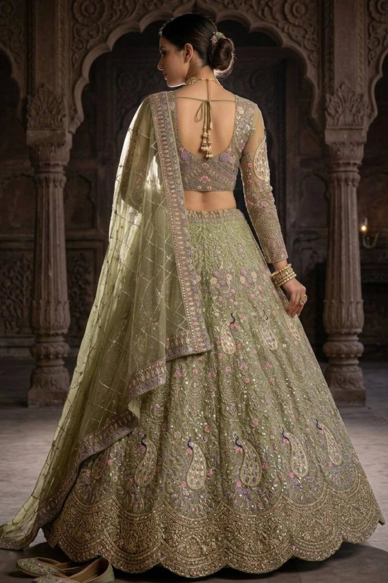 Olive Green Net Peacock Embroidered Lehenga Choli