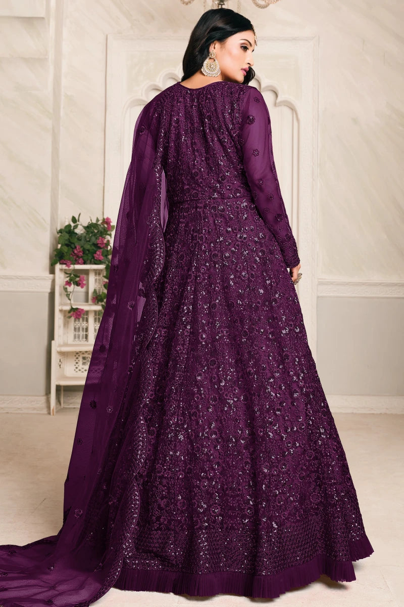 Wine Net Embroidered Party Wear Gown