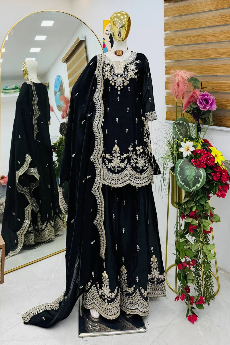 Black Fendy Silk Embroidered Palazzo Suit