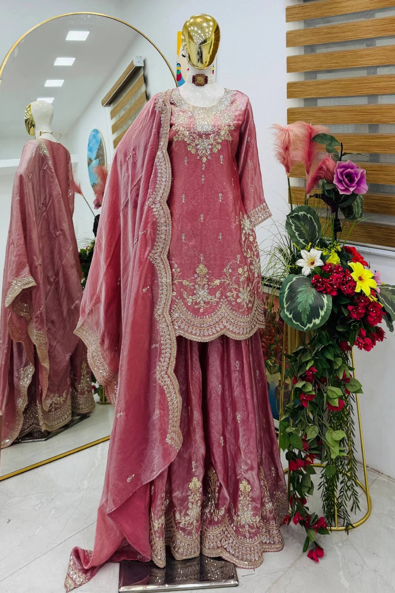 Pink Fendy Silk Embroidered Palazzo Suit
