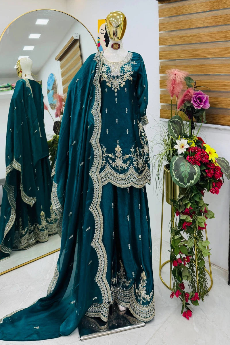 Green Fendy Silk Embroidered Palazzo Suit