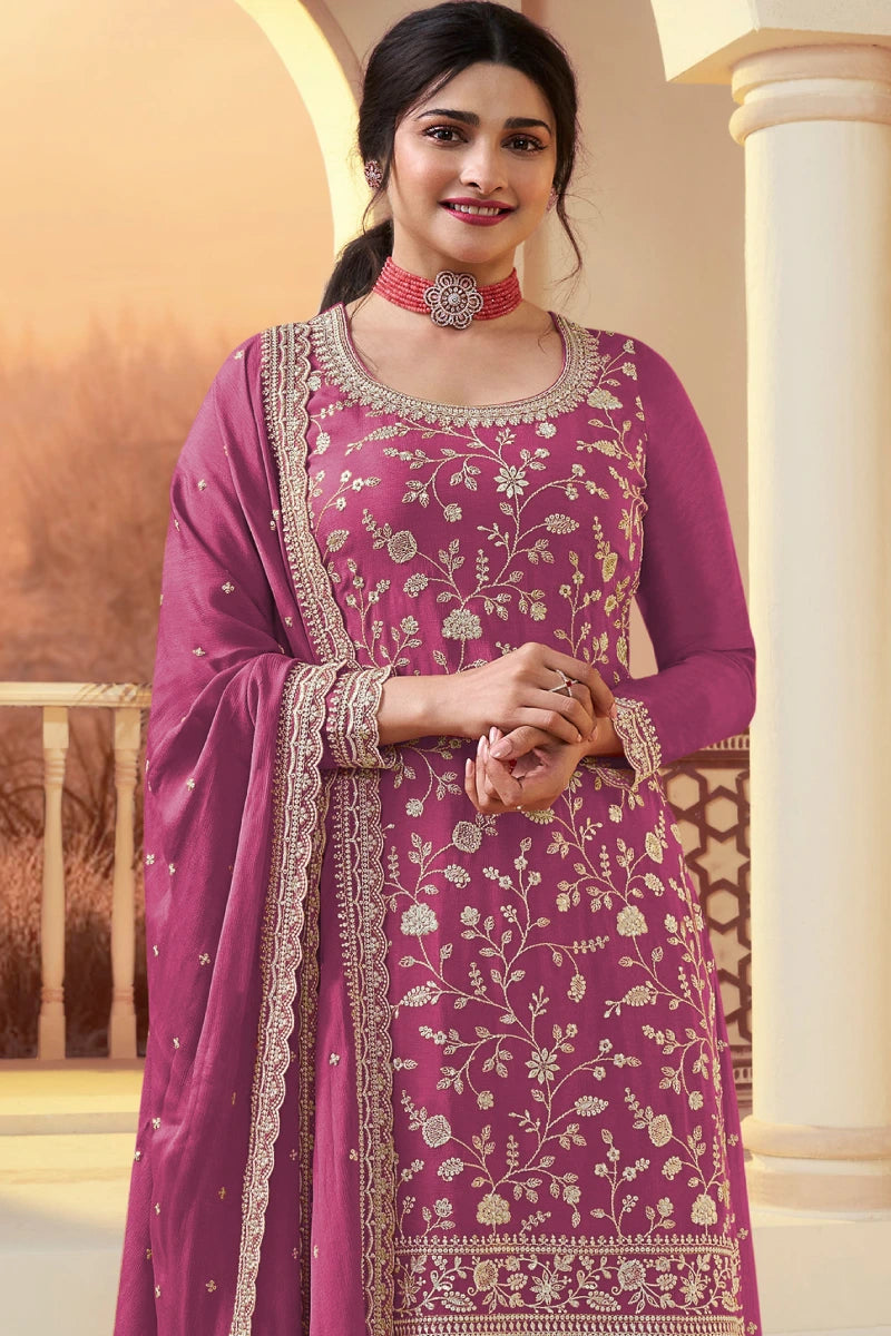 Rani Pink Chinon Heavy Embroidered Palazzo Suit
