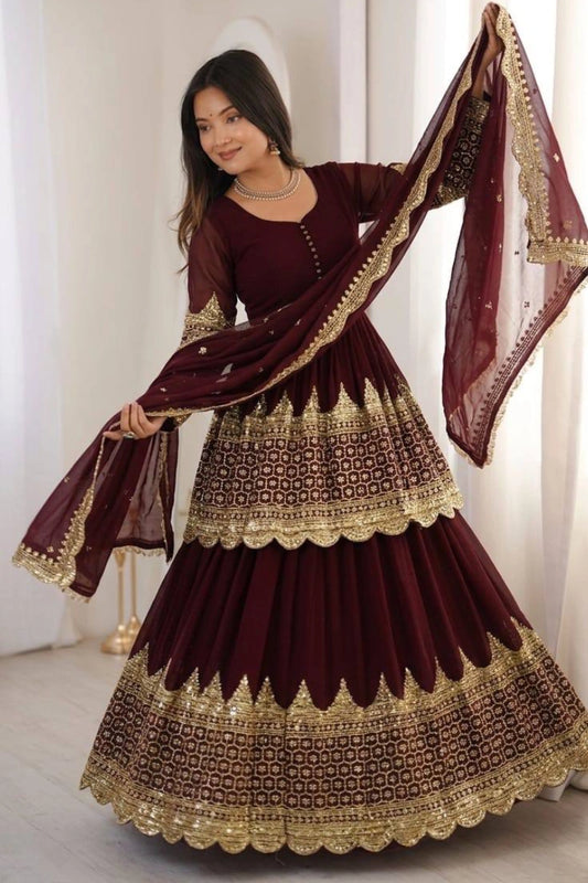 Maroon Embroidered Georgette Skirt Suit Set