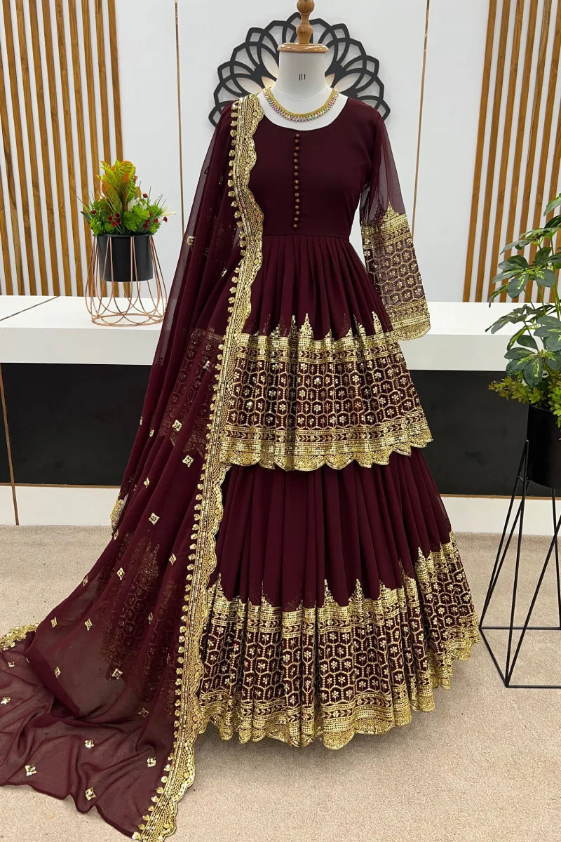 Maroon Embroidered Georgette Skirt Suit Set