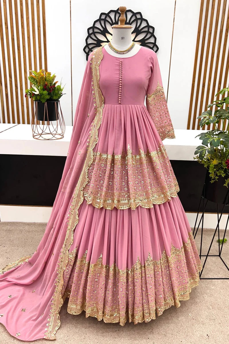 Pink Embroidered Georgette Skirt Suit Set
