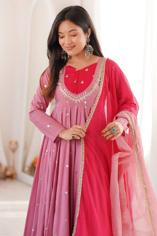 Pink Roman Silk Embroidered Anarkali Suit