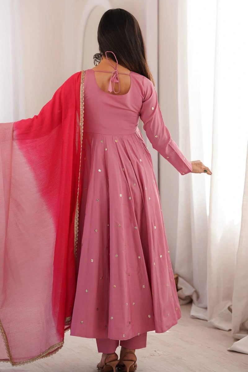 Pink Roman Silk Embroidered Anarkali Suit