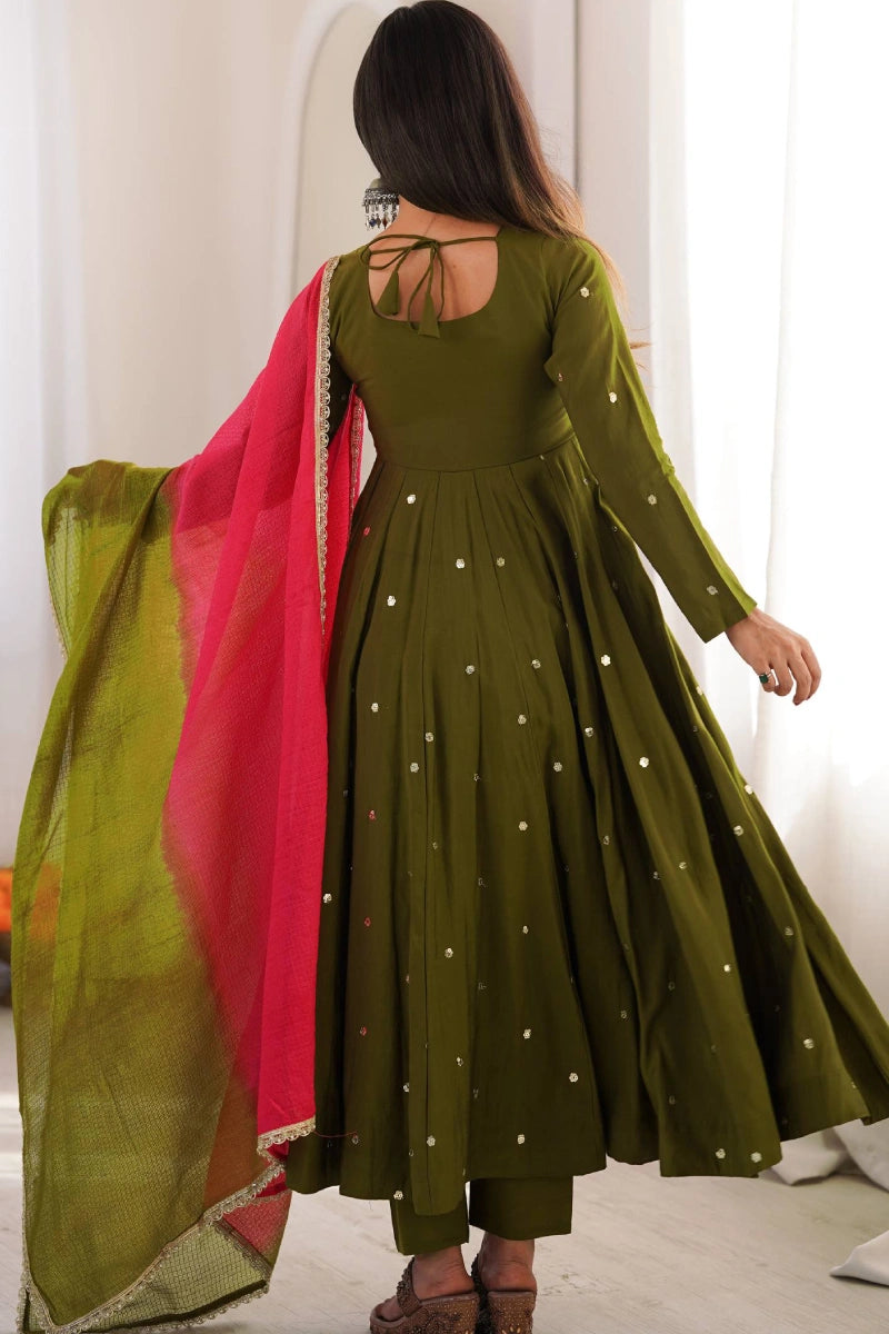 Mehendi Green Roman Silk Embroidered Anarkali Suit