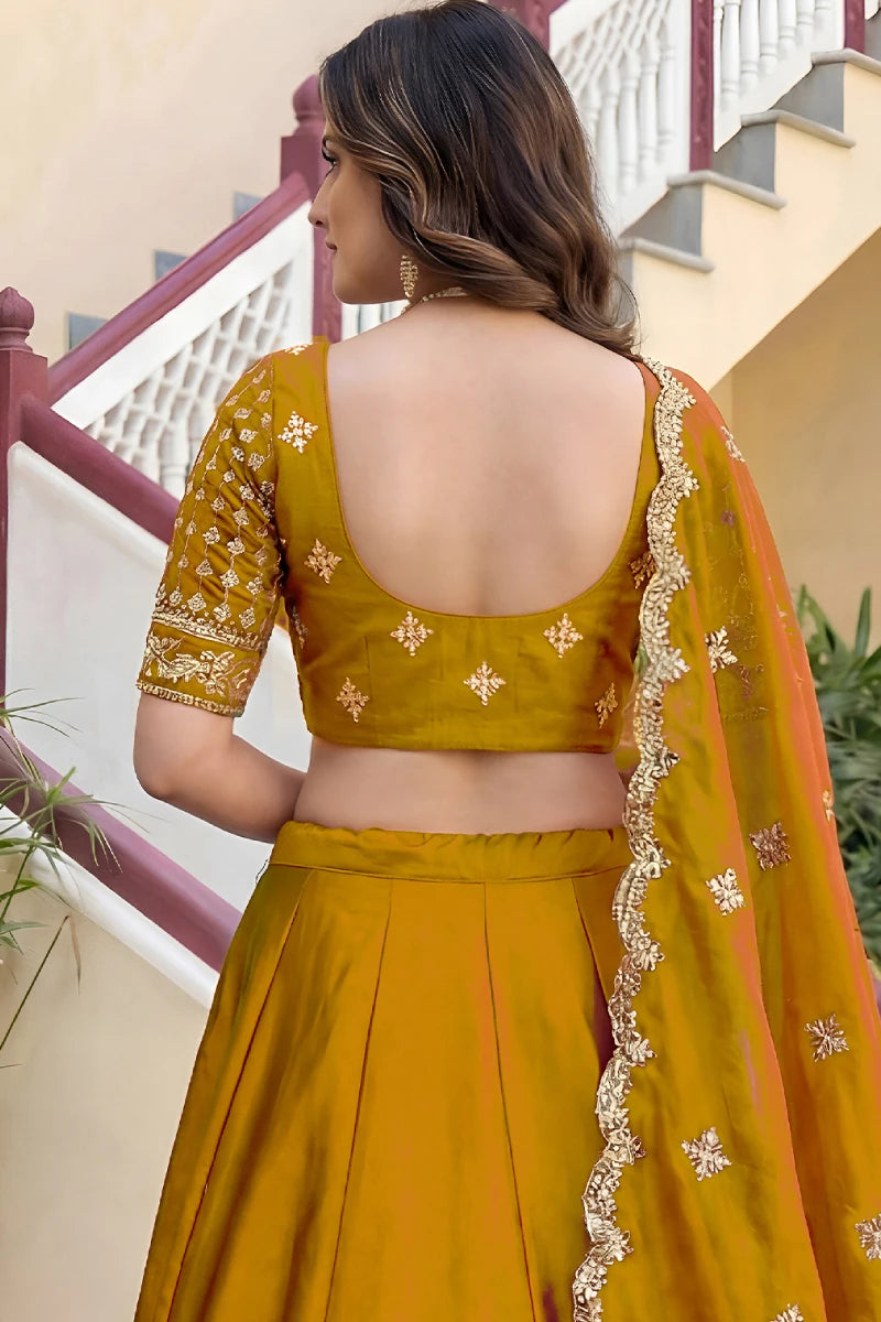 Mustard Rangoli Silk Embroidered Lehenga Choli