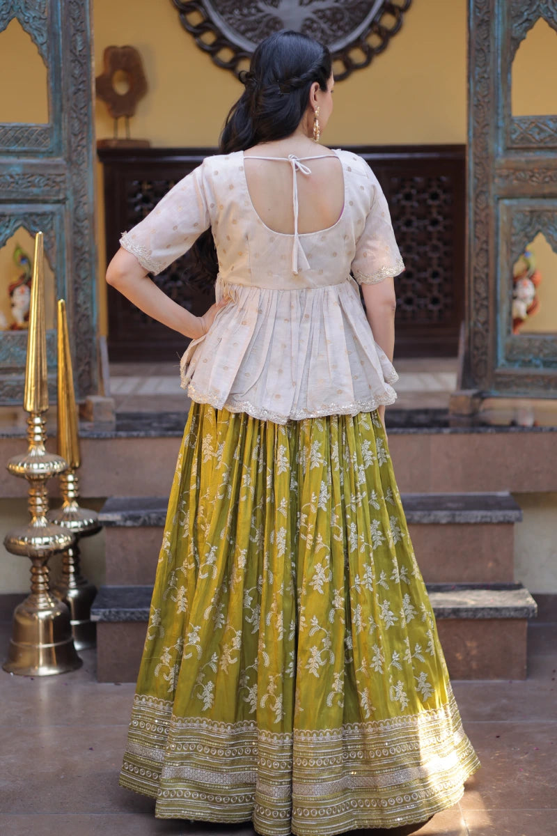 Olive Jacquard Lehenga With Peplum Top