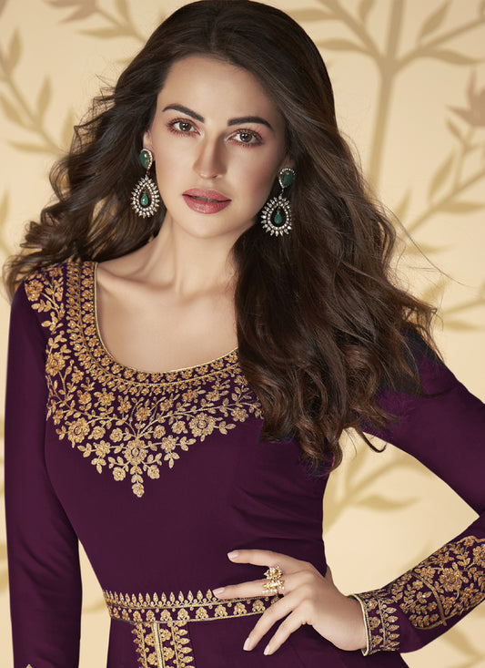 Wine Georgette Embroidered Anarkali Suit