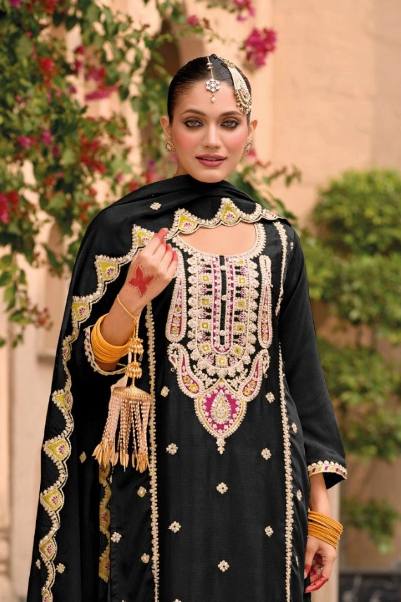 Black Chinon Embroidered Palaazo Suit