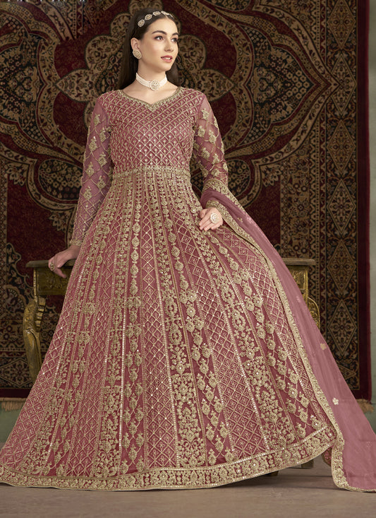 Light Pink Net Embroidered Anarkali Suit