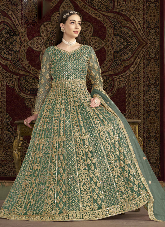 Sea Green Net Embroidered Anarkali Suit