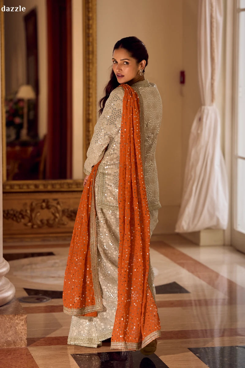 Premium Cream Georgette Sequins Indo Suit Set with Orange Dupatta