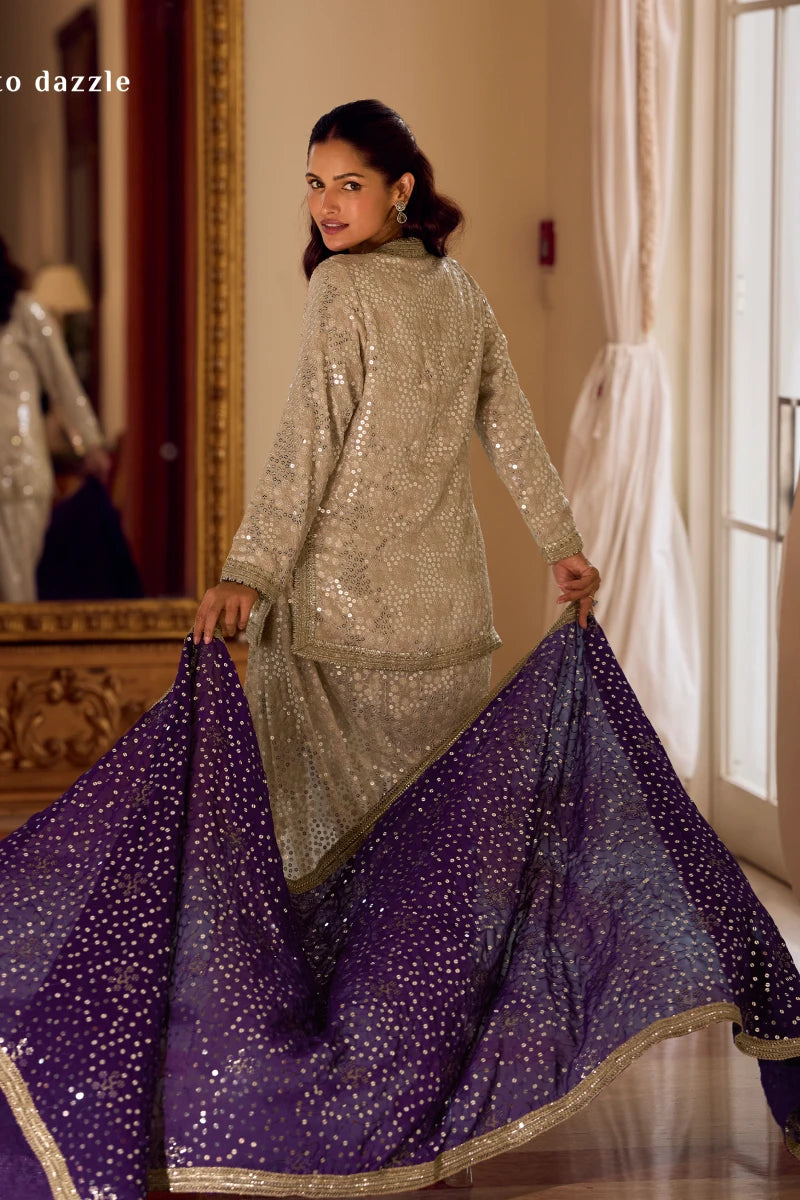 Premium Cream Georgette Sequins Indo Suit Set with Purple Dupatta