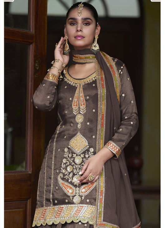 Brown Shimmer Silk Embroidered & Handwork Designer Palazzo Suit
