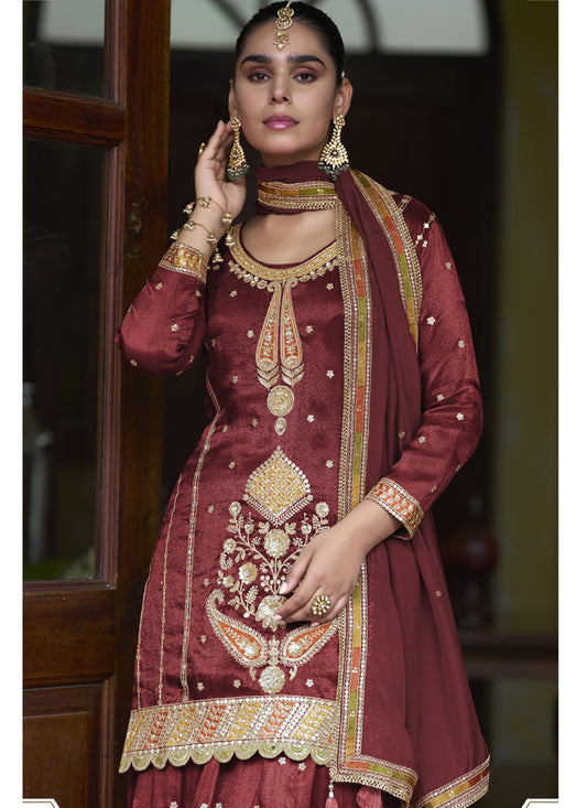 Maroon Shimmer Silk Embroidered & Handwork Designer Palazzo Suit