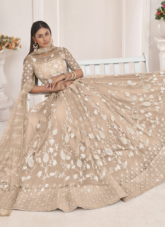 Dusty Chiku Butterfly Net Embroidered Thread Wedding Lehenga