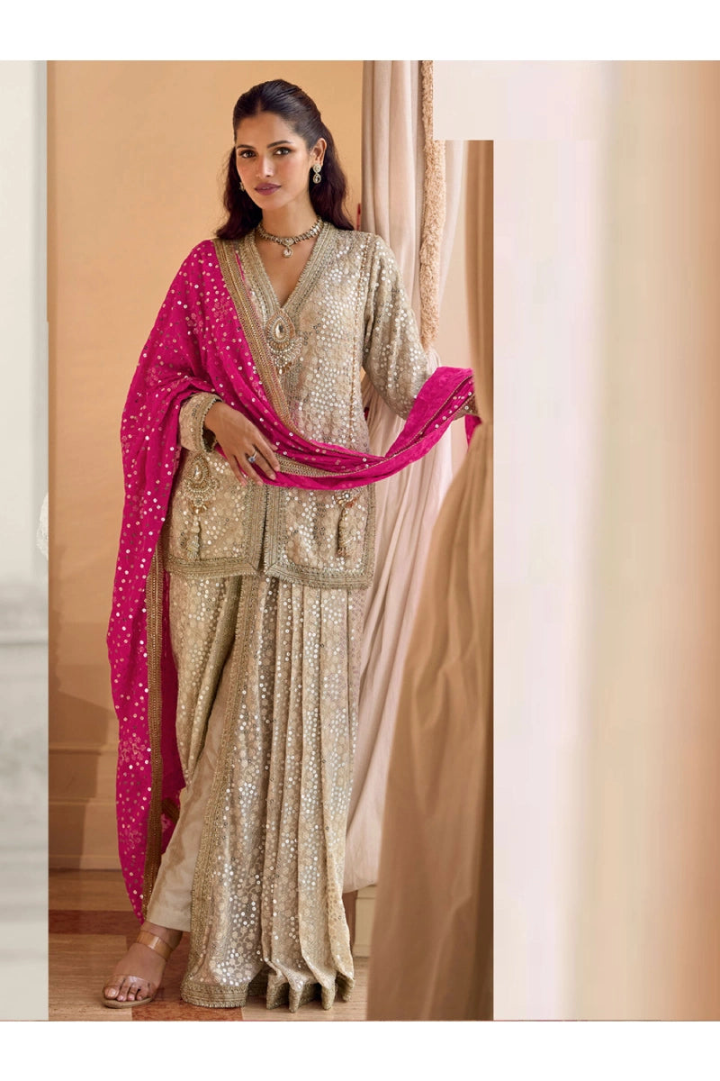 Premium Cream Georgette Sequins Indo Suit Set with Pink Dupatta
