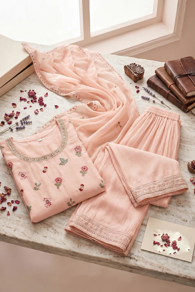Peach Chinon Thread Embroidered Palazzo Suit