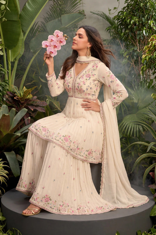 Cream Chinon Embroidered Sharara with Tunic