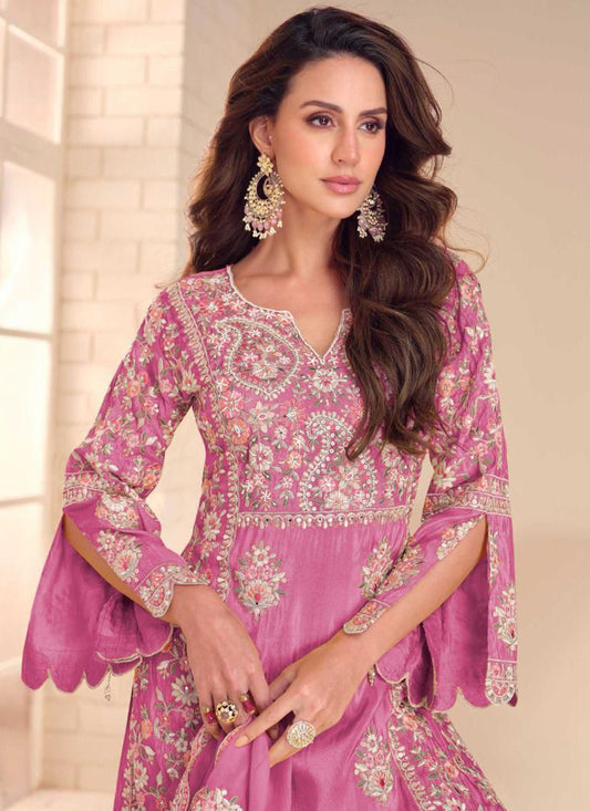 Onion Pink Shimmer Silk Embroidered Designer Palazzo Suit