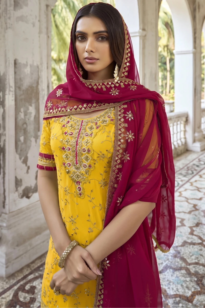 Yellow Georgette Front & Back Embroidered Palazzo Suit