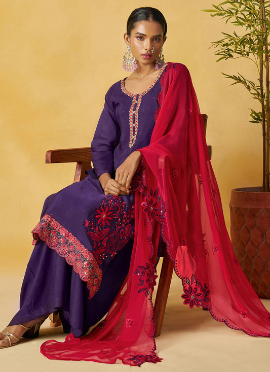 Violet Organza Embroidered And Handwork Palazzo Suit