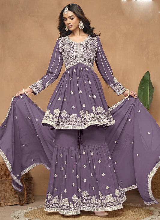 Purple Georgette Embroidered Sharara Suit