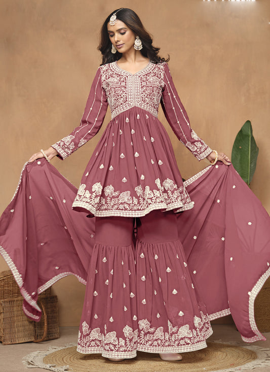 Dark Peach Georgette Embroidered Sharara Suit