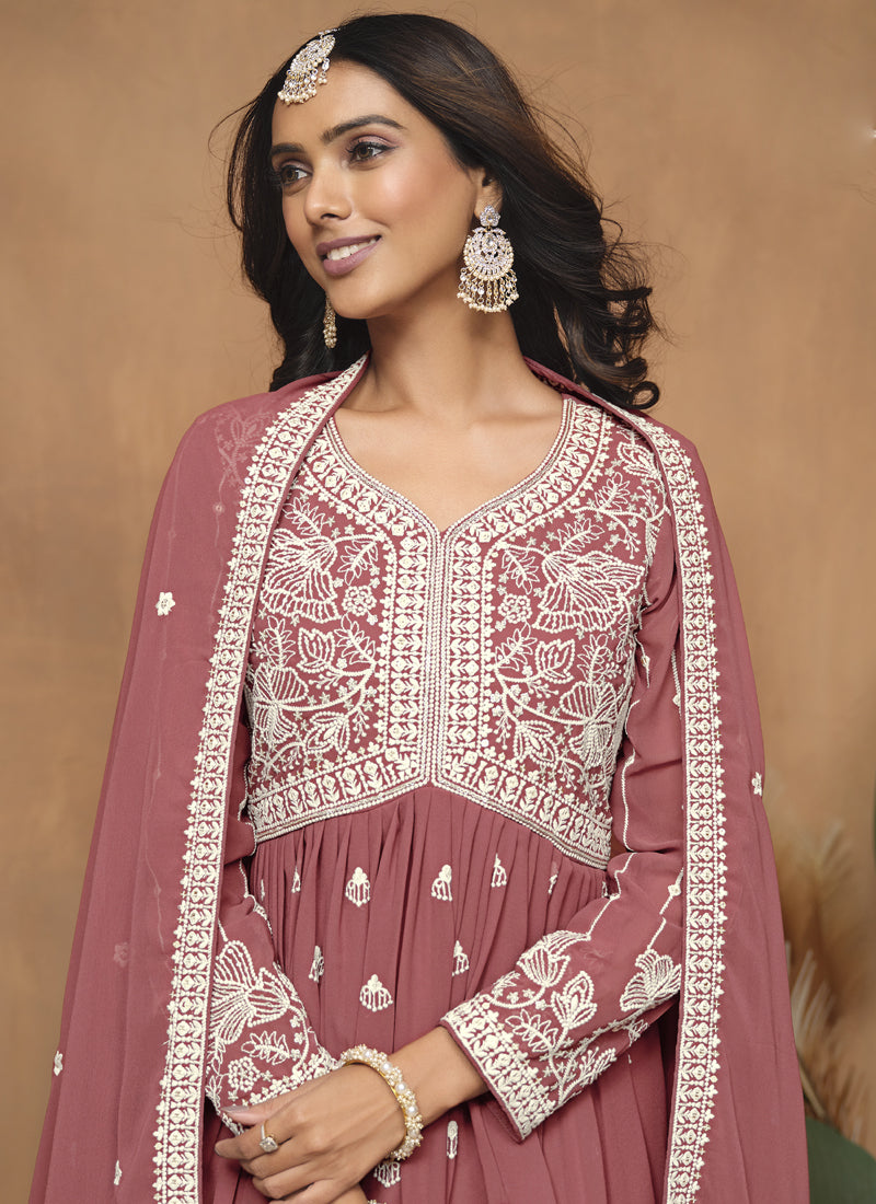 Dark Peach Georgette Embroidered Sharara Suit