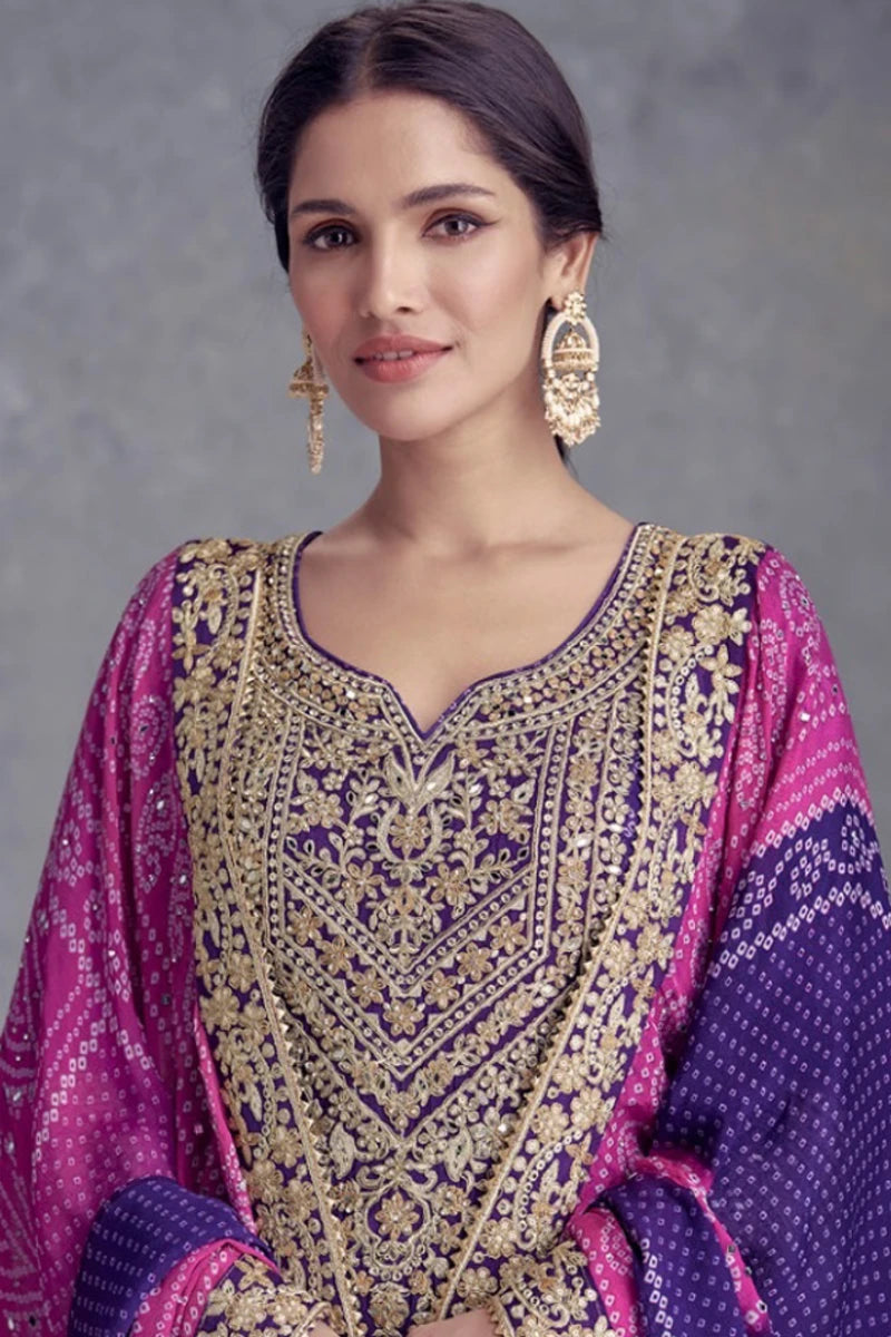 Purple Bandhej Chinon Embroidered Palazzo Suit