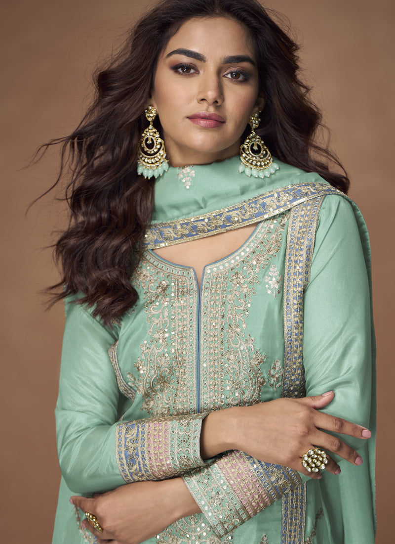 Sea Green Organza Shimmer Silk Embroidered Palazzo Suit