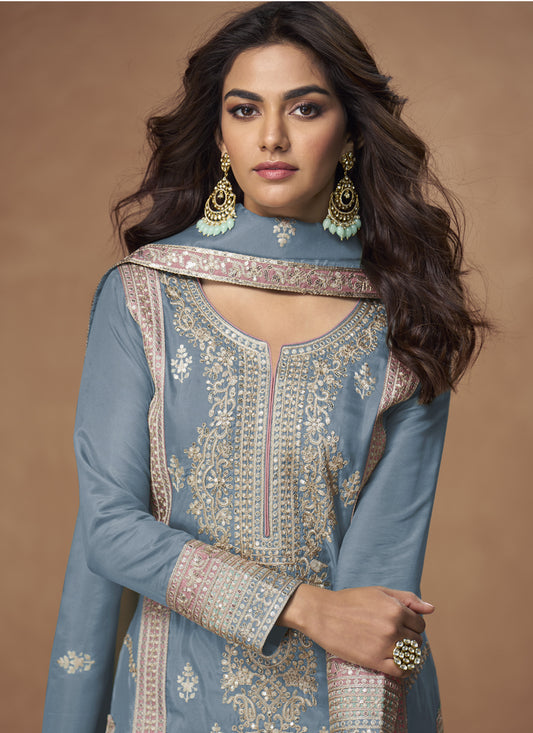 Grey Organza Shimmer Silk Embroidered Palazzo Suit