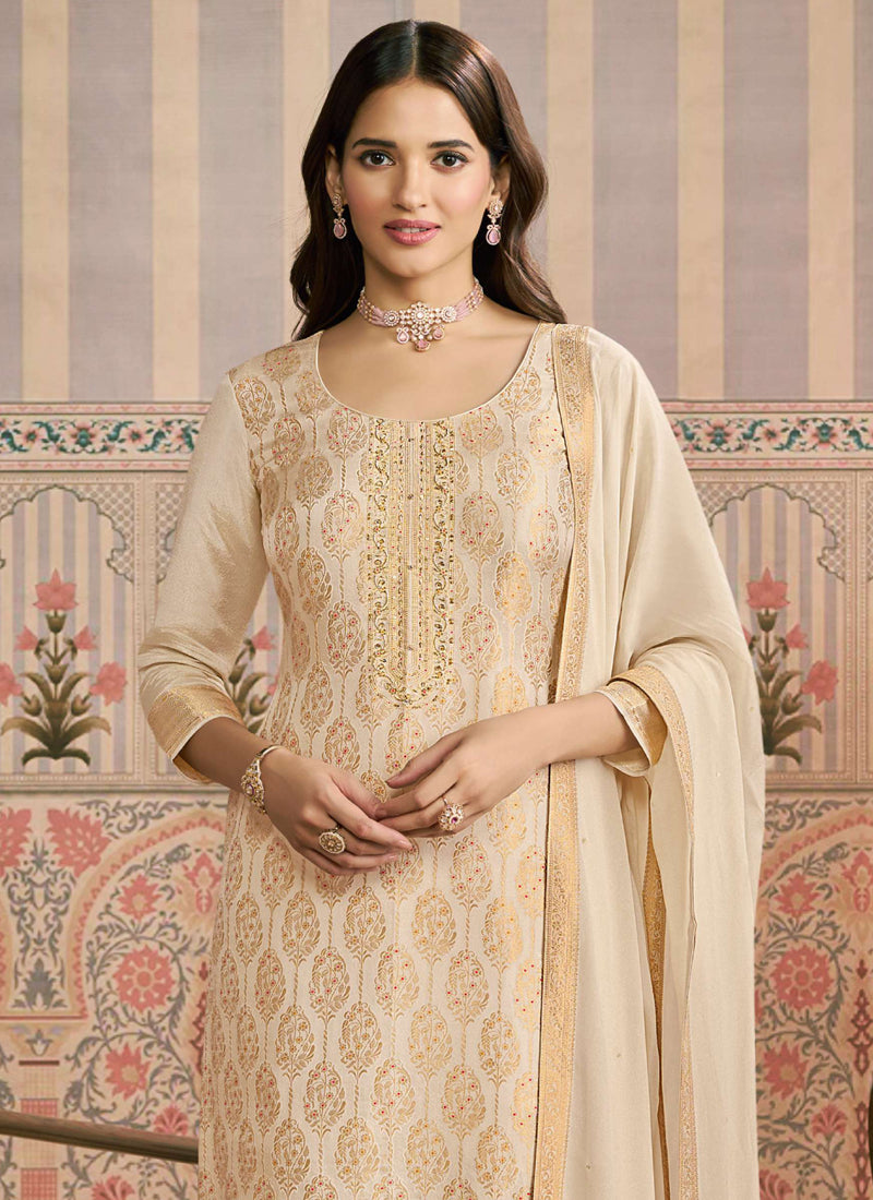 Off White Jacquard Silk Handwork Designer Salwar Suit