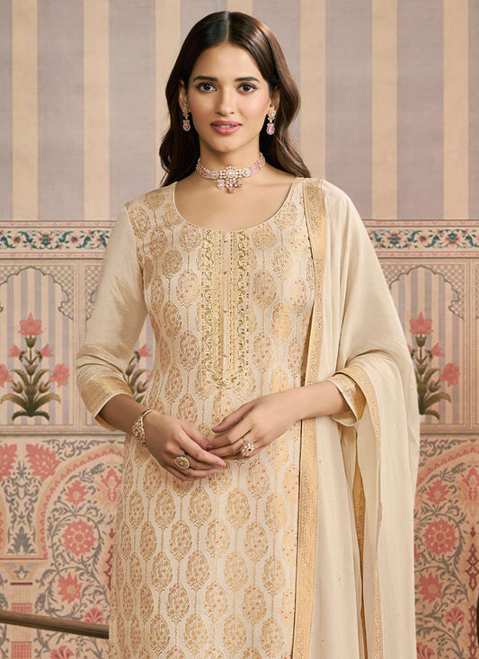 Off White Jacquard Silk Handwork Designer Salwar Suit