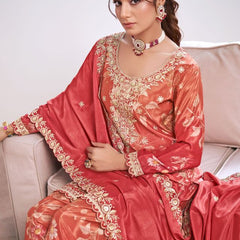 Red Embroidery Chinon Silk Salwar Suit