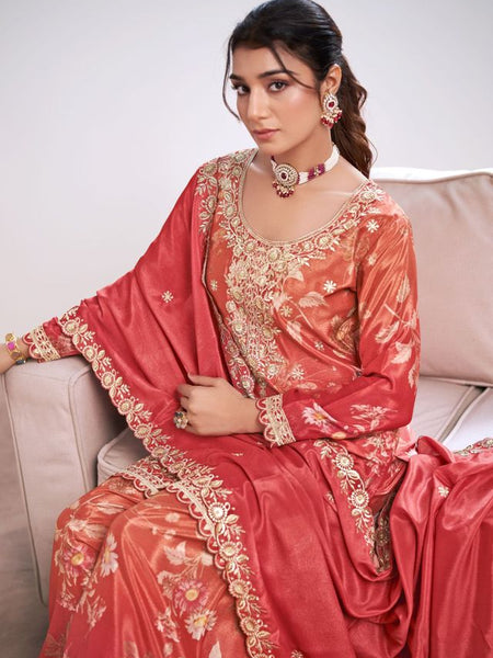 Red Embroidery Chinon Silk Salwar Suit
