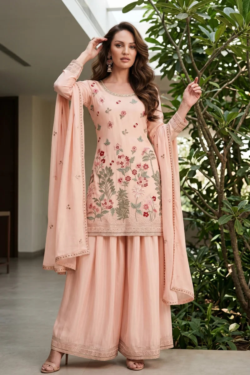 Peach Chinon Thread Embroidered Palazzo Suit