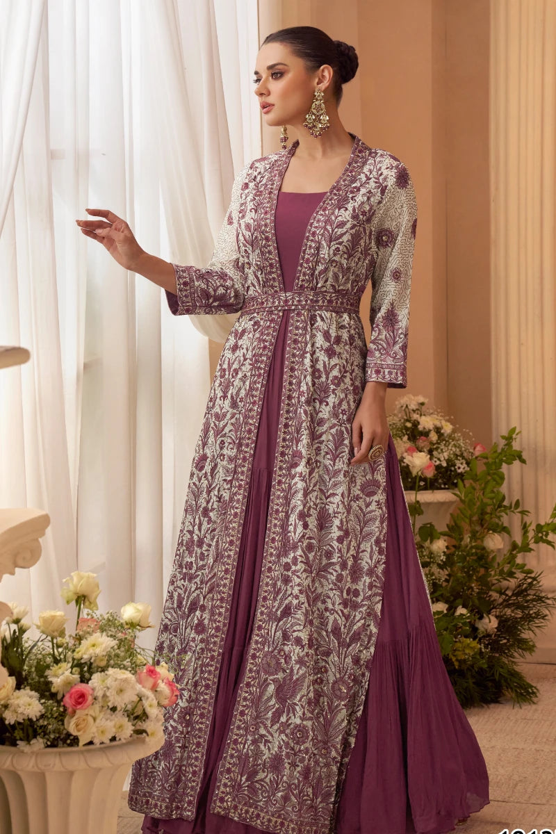 Purple & White Chinon Embroidered Gown with Shrug
