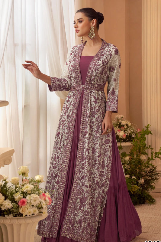 Purple & White Chinon Embroidered Gown with Shrug